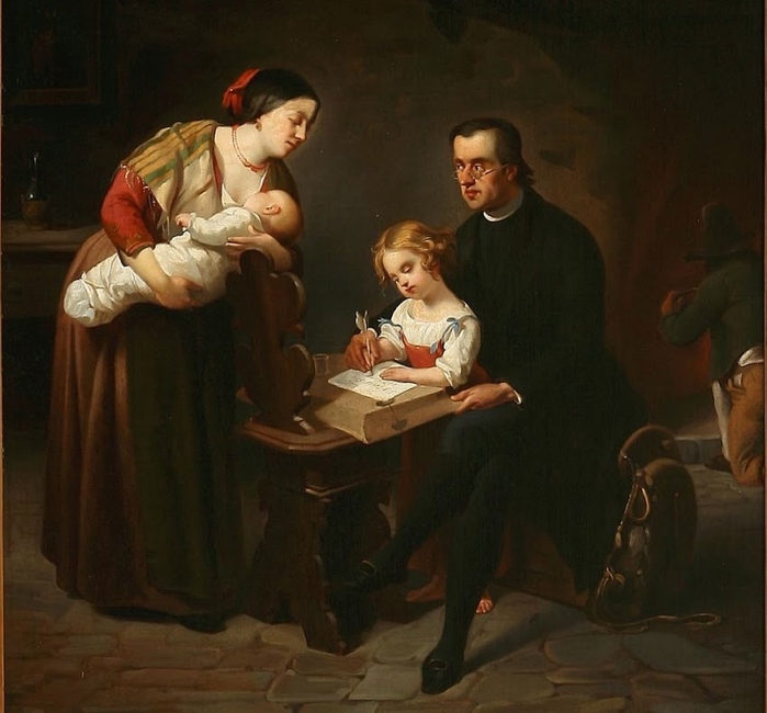 Painter unknown, 19th century Interior with a tutor teaching a little girl (700x650, 232Kb)