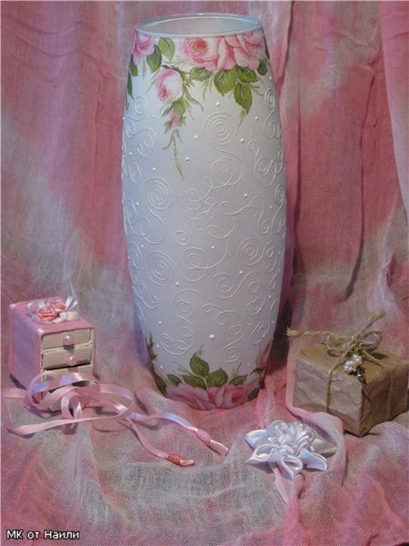 Декорирование вазы для цветов нитками, с элементами декупажа