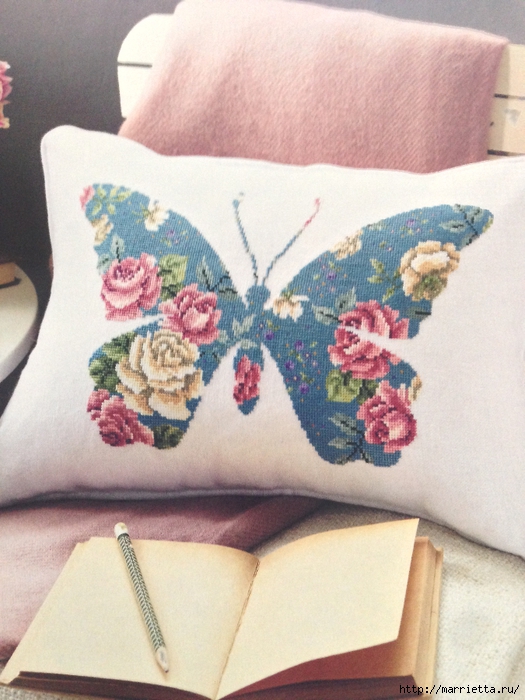 Подушка с вышивкой бабочки. Схемы (5) (525x700, 281Kb)