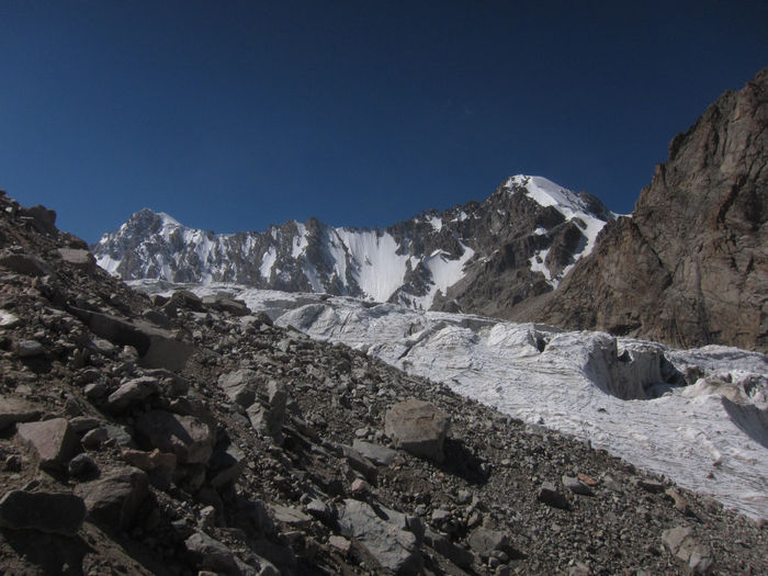 Аксайский ледник, пики Ак-тоо и Теке-тор; справа в кадр не влезает п. Бокс