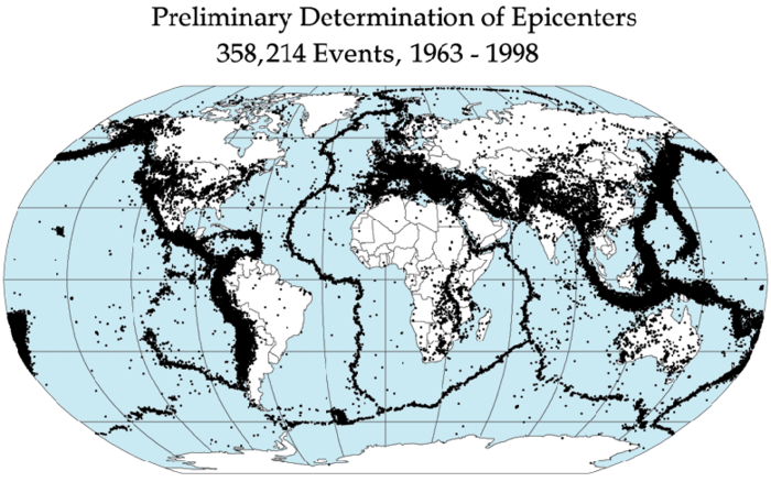 Все (в том числе и незначительные) землетрясения с 1963 по 1998 год на одной карте. Очень хорошо видна граница между плитами земной коры на дне океанов.