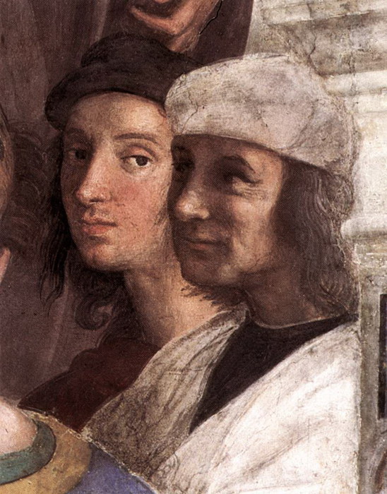 Рафаэль и  Содома (Джованни Антонио Bazzi, 1477-1549)  на фреске  Рафаэля Афинская  школа 1510-1511, Рим, Ватикан, Stanza делла Segnatura (548x700, 120Kb)