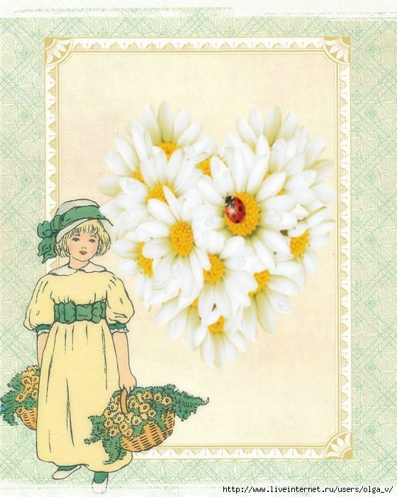 Girl in yellow + green with flowers ~ 8x10 stationery ~ lilac-n-lavender (560x700, 335Kb)
