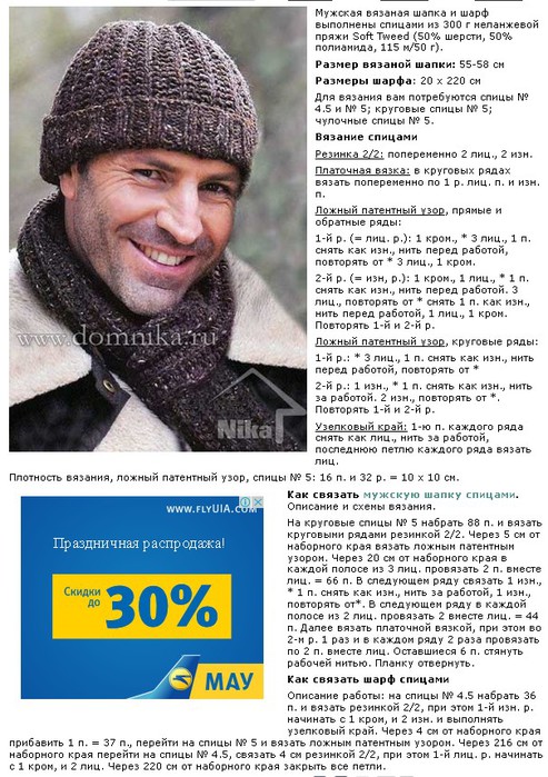 Схема вязания мужской шапки на спицами Схема вязания мужской шапки на спицами