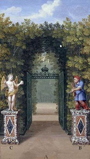 Вход в Лабиринт Версаля и статуи Эзопа и Купидона; из издания «Лабиринт Версаля» Жака Бейли. (296x524, 70Kb)