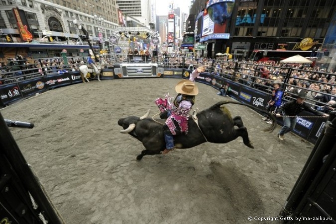 Профессиональные Bull Riders (PBR) на Таймс-сквер в Нью-Йорке, 15 октября 2010 года.