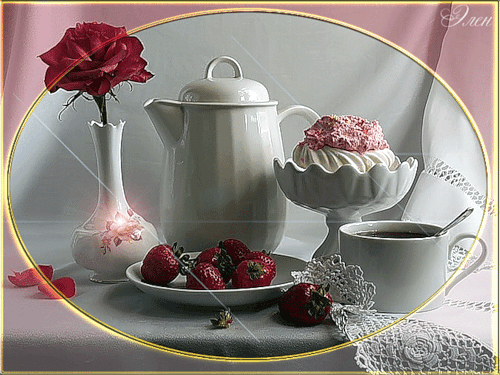 ДЛЯ ТЕБЯ к завтраку чай, пирожен. клубн. и цветы на столе с салф. (500x375, 631Kb)