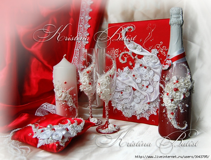 Комплект "Нежность" для красно-белой свадьбы, свадебные бкалы, красная свадьба, свадебное ампанское, подушечка для колец, папка для свидетельства о браке