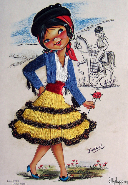 Vintage Big Eyed Spanish Girl Embroidered Souvenir Postcard  Flickr - Photo Sharing! (435x626, 684Kb)