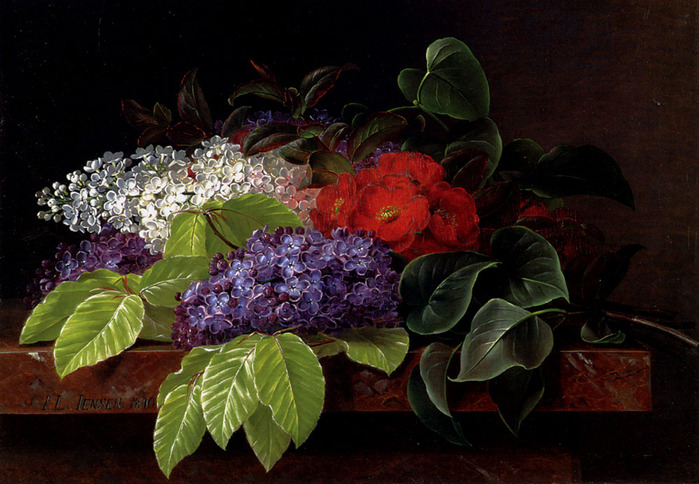 Jensen_Johan_Laurentz_White_And_Purple_Lilacs_Camellia_And_Beech_Leaves_On_A_Marble_Ledge (700x484, 134Kb)