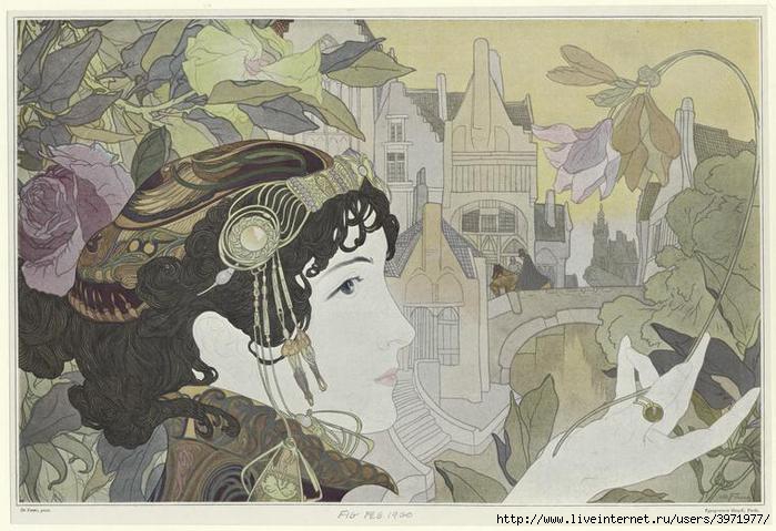 Georges de Feure, Art nouveau design of a woman examining a flower (700x479, 177Kb)