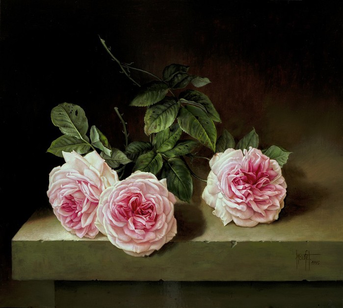 THREE PINK ROSES ON STONE SHELF 41x46 cms Oil on canvas 1995 (700x627, 82Kb)