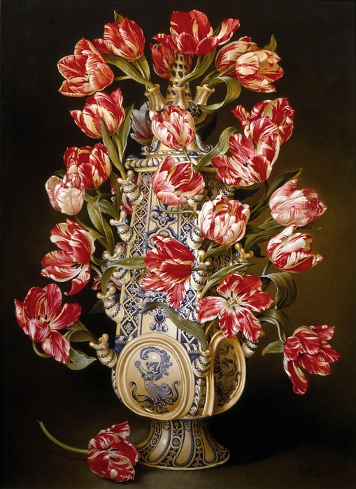 TULIP VASE WITH PINK-WHITE TULIPS 91x66 Cms Oil 1995 (509x700, 309Kb)