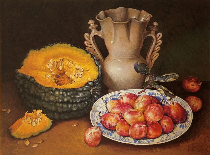 BODEGON WITH SUMMER SQUASH AND PLUMS 46x63 cms Gouache1988 (700x514, 110Kb)