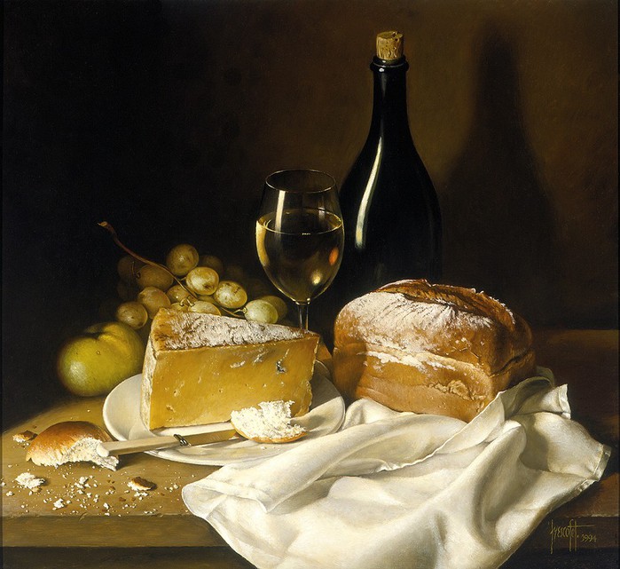 BRED CHEESE AND WINE 51x56 cms - oil on canvas 1994 (700x641, 109Kb)
