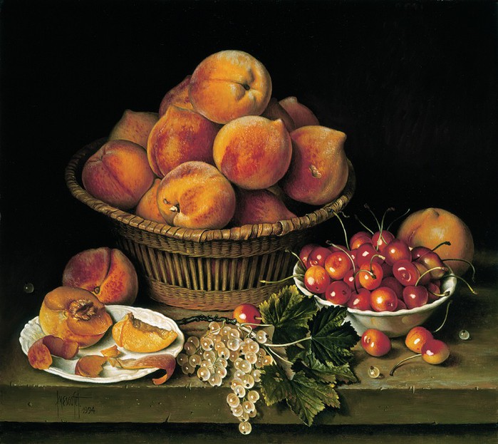 PEACHES CHERRIES AND WHITE CURRANTS 41x46 cms il on canvas 1994 (700x623, 113Kb)