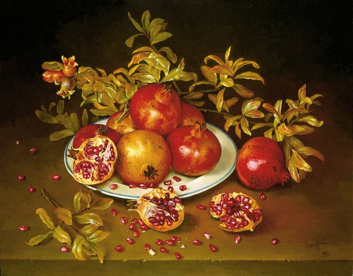 PLATE OF POMEGRANATES ON TABLE 46x56 cms oil on canvas 1993(1) (700x547, 110Kb)
