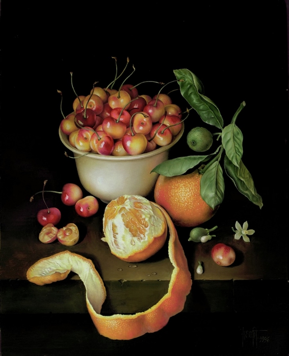 STILL LIFE- WHITE BOWL OF CHERRIES AND TWO ORANGAS 46x36 cms Oil 1996 (567x700, 182Kb)
