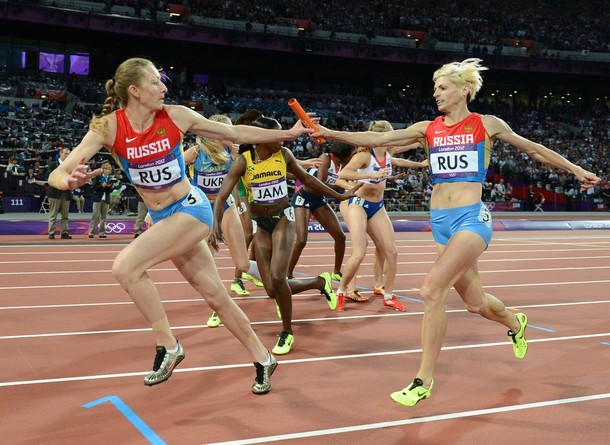 Женская сборная России в эстафете 4 по 400 метров завоевала серебряные медали, Лондон, 11 августа 2012 года