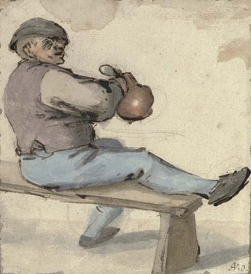 A seated drinker holding an earthenware pot  (512x559, 62Kb)