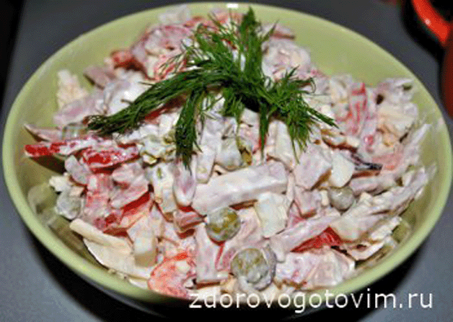 Нежный салат с кальмарами и ветчиной – пошаговый рецепт приготовления с фото