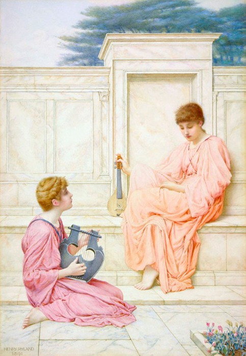 Henry Ryland (английский, 1856-1924) Две дамы играют на музыкальных инструментах на мраморные террасы 1891 аква (483x700, 88Kb)