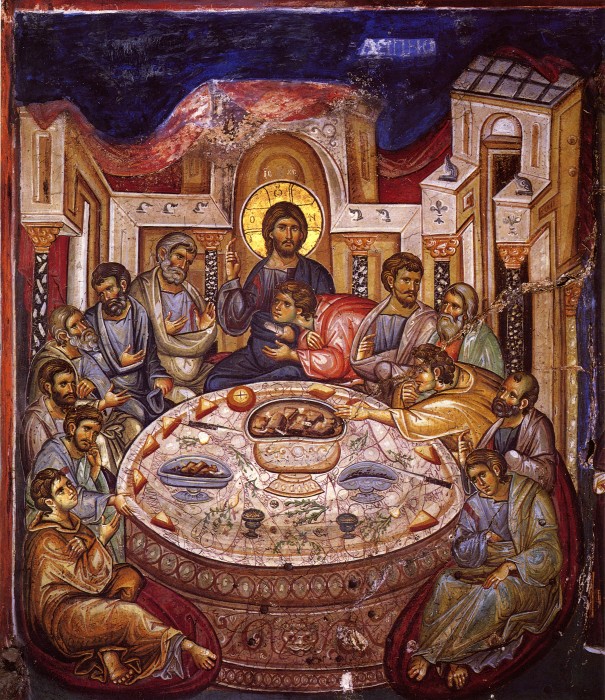 Тайная вечеря. Фреска 1312 г. Кафоликон Ватопедского монастыря. Афон (605x700, 204Kb)