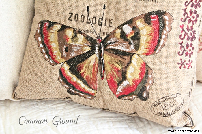 вышивка гладью на мешковине. подушки с птичками и бабочками (7) (700x466, 363Kb)