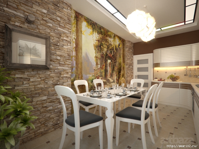 Дизайн интерьера светлой кухни с росписью на стене (1) (700x525, 291Kb)