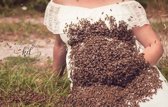 Фотосессия беременной женщины с роем пчел