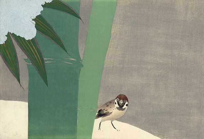 Sparrow beside Bamboo in Snow. (653x445, 222Kb)