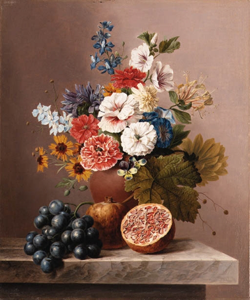Flowers in a vase with grapes and pomegranates on a stone ledge (512x614, 185Kb)