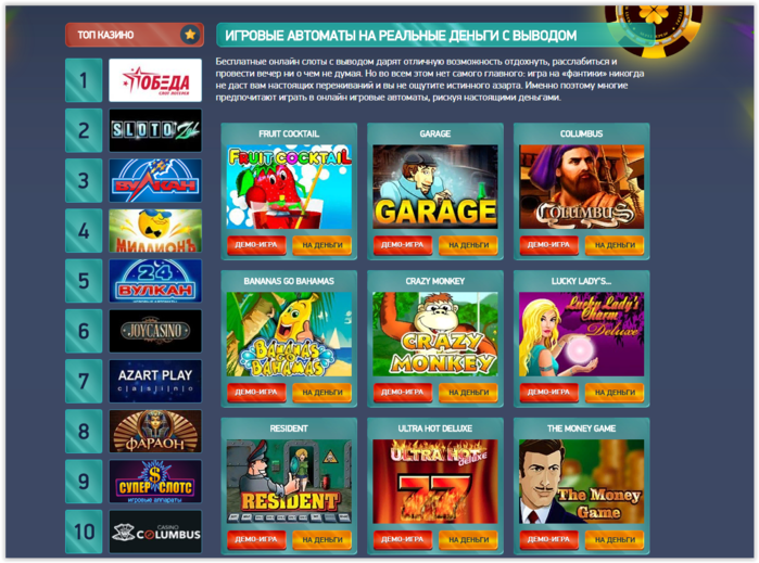 Лучшие игровые автоматы на реальные деньги от сайта play.slot-onlinus.com