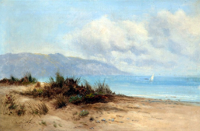 Coastal scene with dunes, mountains and a ship at the sea (   ,     ) (646x424, 548Kb)