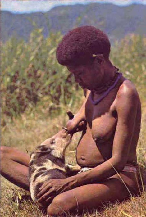 Жительница Полинезии кормит грудью маленького ребенка и какого то зверя!