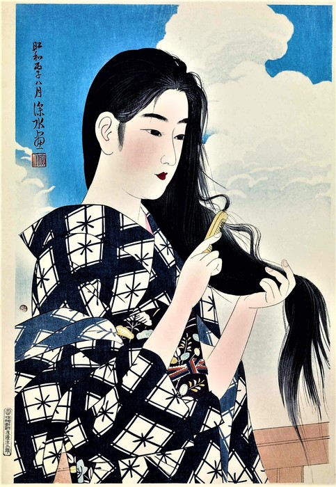 Первая серия современных красавиц (Series Gendai bijinshu dai nishu )  Вымытые волосы (Senpatsu (Washed hair))    1936    43.9 х 28 (483x700, 126Kb)