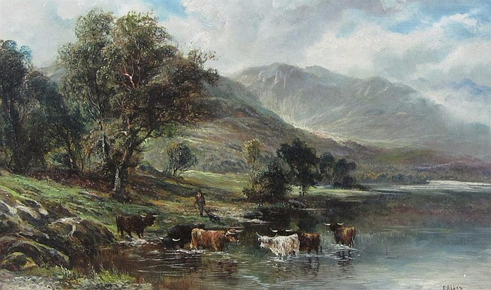 A Loch Landscape with Drover and Highland Cattle with signature (700x413, 334Kb)