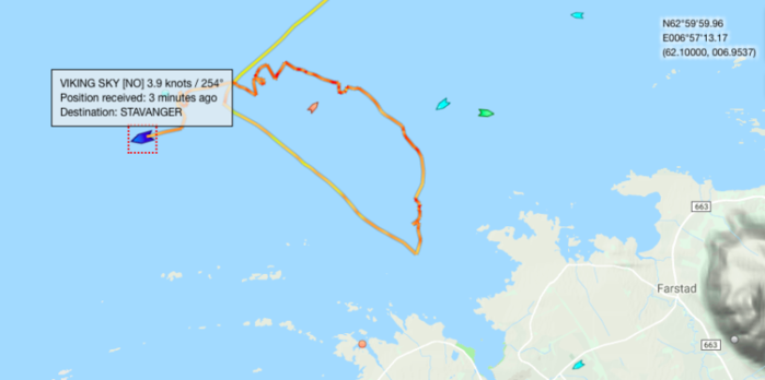 Viking Sky AIS as of 1826 UTC 23 March 2019. As you can see the Viking Sky drifted to within about 1 km from shore. (700x348, 105Kb)