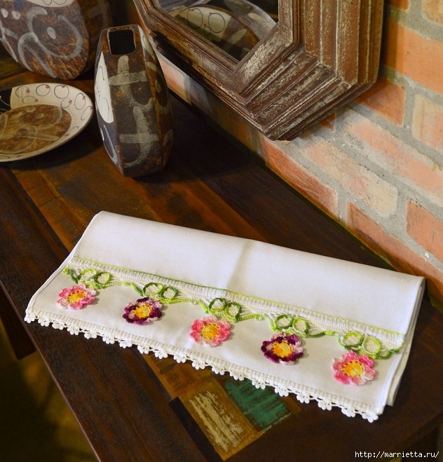 Декорирование кухонного полотенца вязаными крючком цветами (1) (632x659, 296Kb)