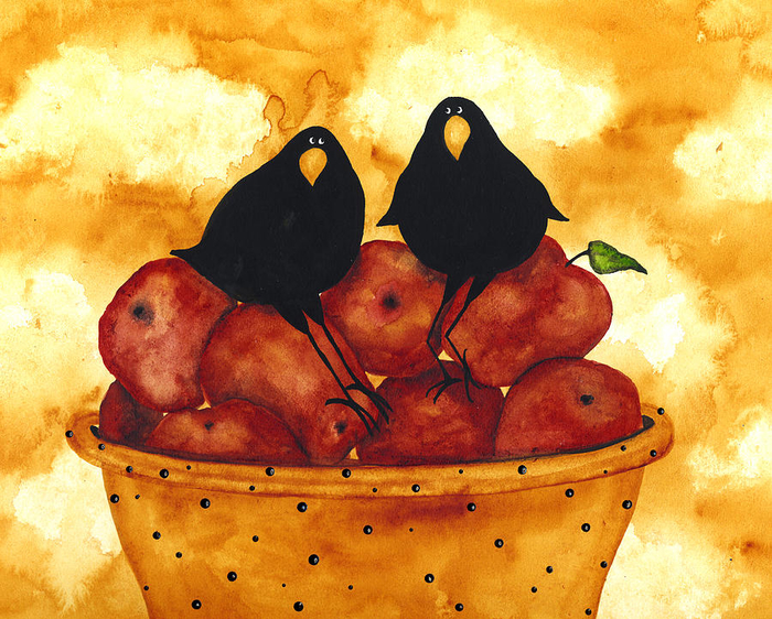 hubbs-art-folk-prints-whimsical-debi-hubbs-crow-birds-blackbirds-red-apples-debi-hubbs (700x562, 562Kb)