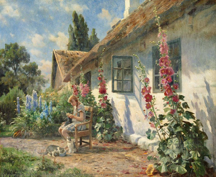 Peder-mork-monsted-summer-day-in-the-garden-with-a-girl-knitting (700x572, 536Kb)