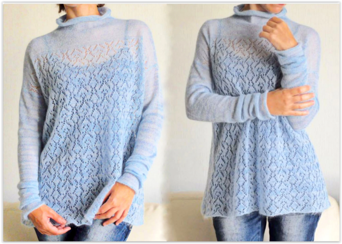 Материалы для вязания этого стильного пуловера из тонкого мохера: