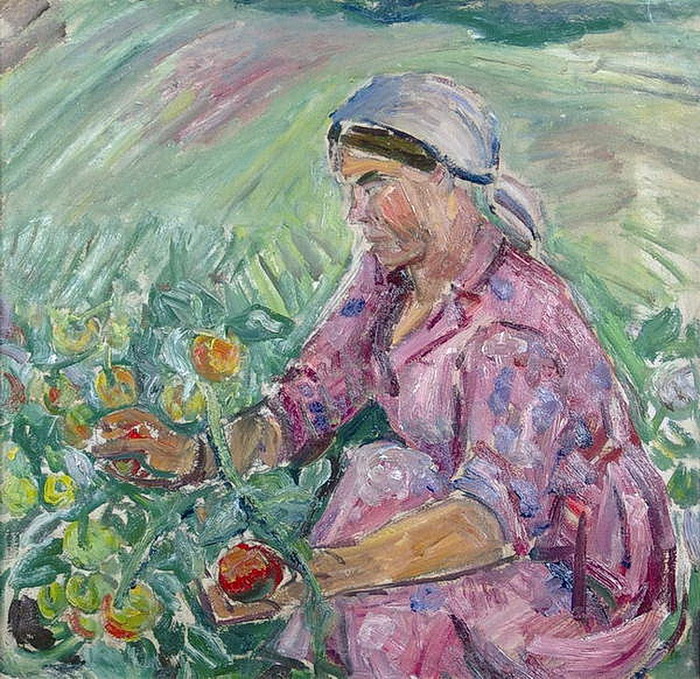 1940-1930-е Сбор помидоров Бум, холст, м. 50х52см. Аук СОВКОМ 2005. (700x679, 236Kb)