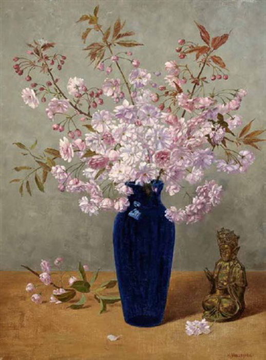 Kirschblütenzweig in blauer Vase, daneben eine sitzende Guanyin. АТР. Х, м. 67,5х50,5 см. ЧС (518x700, 109Kb)