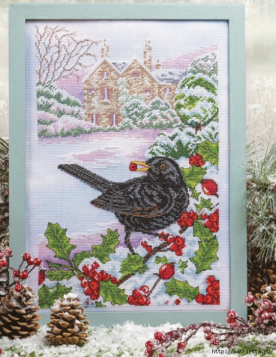 Вышивка «Зимующая птица с ягодами рябины» (4) (541x700, 427Kb)