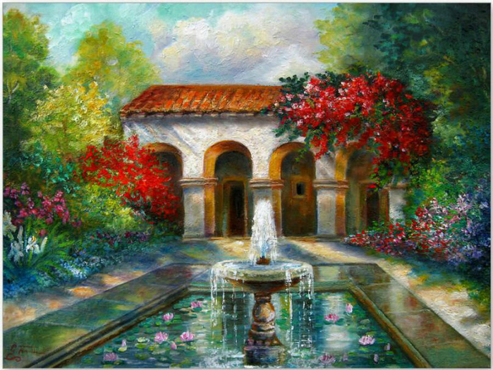 Italian Abbey garden scene with fountain (700x525, 507Kb)