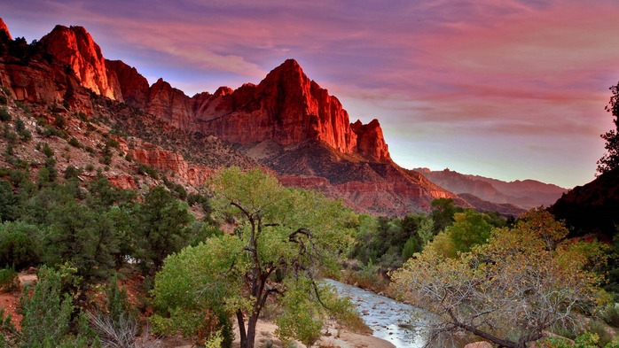 Sunset in Zion National Park, Virgin river with Watchman, Utah, USA (700x393, 413Kb)