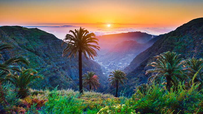 Tropical scenery with palm trees and mountains at sunset, Canary Islands, Spain (700x393, 438Kb)