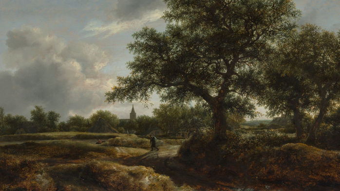 Landscape with a village in the distance, painting by Jacob van Ruisdael (700x393, 363Kb)
