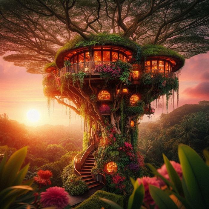 splendid treehouse full of planters and flowers sunset (700x700, 105Kb)
